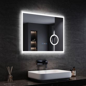 Sonni Espejo de Baño con Luz Función Antiniebla con led 3 Colores luz y 3X Lupa Memoria Interruptor Táctil Espejo Pantalla de Reloj IP44 Ahorro de Energía