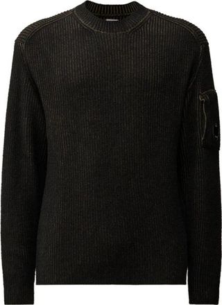 C.P. Company Geribbelde trui met ronde hals en lenszak - Heren - Ronde hals truien - Bruin - 2XL - Wol - Truien & Vesten