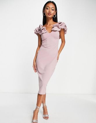 Asos Vestito midi arricciato con scollo Bardot color malva-Rosa