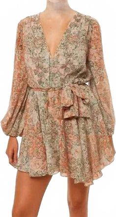 Misa Barocco Floral Print Dress In Green/orange