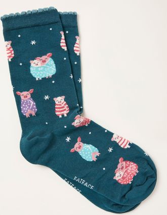 Fat Face FatFace Teal Blue Pigs in Blankets Socks