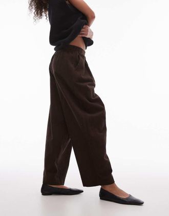 Topshop Tophop cord pull on wide leg pants in brown-Green
