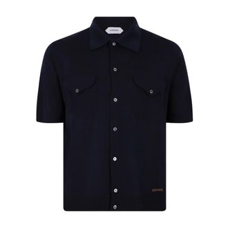 Versace Cardigans, male, Blue, Size: L Embroidered Wool Knit Shirt