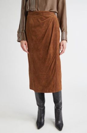 Max Mara Jerez Goatskin Suede Wrap Midi Skirt in Tobacco at Nordstrom, Size 10