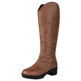Generic Womens Chic Knee High Riding Boots Round Toe Medium Chunky Heel Platform With Functional Side Zipper Equestrian Style
