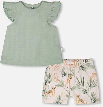 Deux par Deux Pointelle Top and Organic Cotton Jersey Peach Deer Printed Short Set in Green And Peach Deer Print at Nordstrom, Size 6M