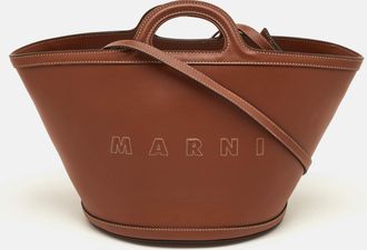 Marni Tropicalia Small Brown Leather Logo Embroidered Tote
