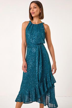 Roman Sequin Halter Neck Frill Hem Midi Dress