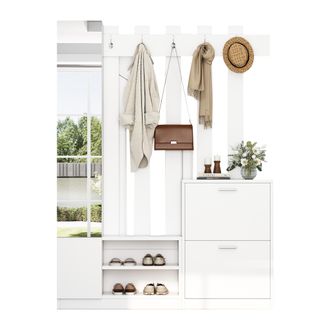 STILVORA Mobile Ingresso Con Specchio Con 2 Ante A Ribalta E 5 Ganci, Scarpiera E Ripiani, In Pannello Truciolare, 135&times;25&times;180 Cm, Bianco