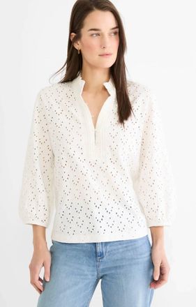Nic+Zoe Eyelet Ruffle Neck Shirt In White