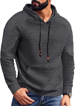 Generic Hoodies for Men Waffle Knit Plain Hooded with Pocket Sweatshirt Sweater Long Sleeve Pullover Top Solid Color Clothing Sudaderas Deportivas para Hombre