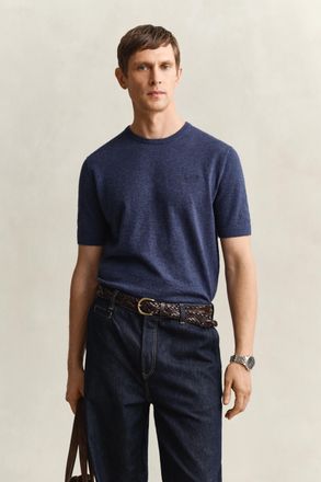 GANT Men Slub Cotton Blend Short Sleeve Sweater (XXXL) DARK INDIGO MELANGE
