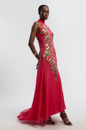 Karen Millen Womens Georgette Feather Embellished Halter Neck Woven Maxi Dress - Pink - Size 12 UK