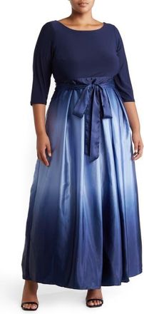 S.L. Fashions Three-Quarter Sleeve Jersey Bodice Ombré Satin A-Line Gown in Nvw at Nordstrom, Size 14W