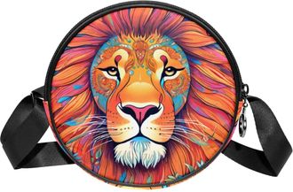 Generic Circle Crossbody Bag for Women, Color Drawing Lion Small Sling Bag Daypack with Zipper Adjustable Shoulder Straps Casual Ladies Girls Round Purse