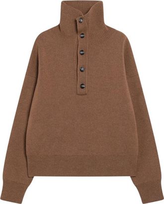 Ami Trui met hoge knoopkraag - Dames - Coltruien - Bruin - M - Wol - Truien & Vesten
