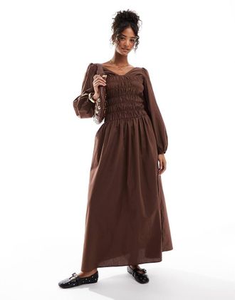 Asos shirred long sleeve maxi dress in chocolate-Brown