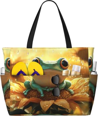 Generic Cute Frog Print Large Beach Bag Foldable Travel Shoulder Tote Bag With Pocket For Weekender Pool Vacation