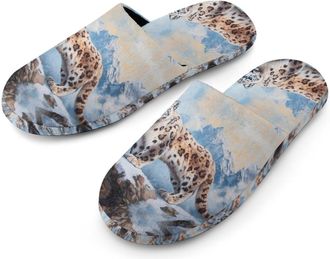 Generic Snowy Leopard Mens Cotton Slippers Memory Foam Comfort House Shoes Winter Indoor Slipper for Hotel Casa Spa