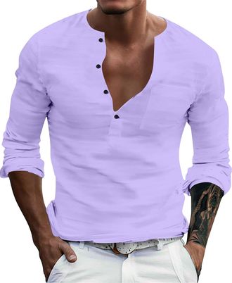 Generic Mens Casual Shirts Long Sleeve Regular Fit Button Up Henley Tshirts Lightweight Sports Summer Sleeping Tees Hiking Big and Tall Comfortable Tops