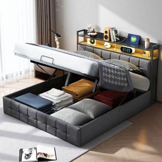 OEM Cama 140x200 Cm, Hgy, Puerto Usb, Led Regulable, Tela De Lino, Marco De Cama Doble 140x200 Cm, Gris