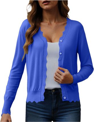 Generic Cardigan Buttons for Women UK v Neck Lightweight Tops Short Solid Color Thin Knitted Cardigan for Women Casual Shrugs Scalloped Edge Cardigans Blue