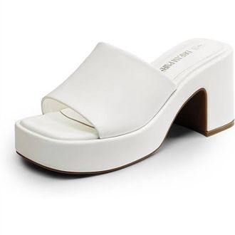 Dream Pairs Womens Chunky Heel Slide On Open Toe Mule In White