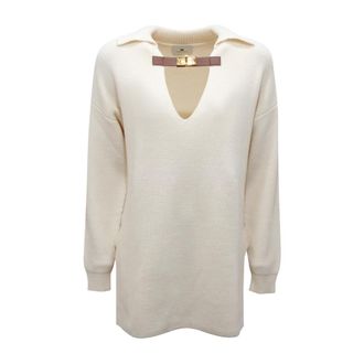 Elisabetta Franchi V-neck Knitwear, female, White, Size: M Mk-06S-56E2 V-neck Sweater