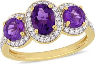 Mimi & Max 1 5/8ct TGW Amethyst 1/3ct TDW Diamond 3-Stone Halo Ring Yellow Silver