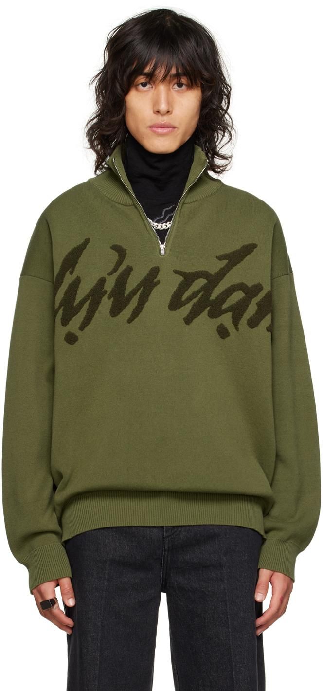●YESEYESEE● Rib Knit Half Zip up Khaki YS243KKNHA01KHA ZESICA Women's Crew Neck Long Lantern Sleeve Casual Loose