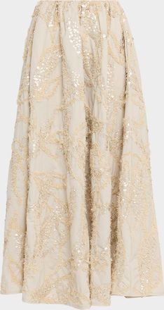 Brunello Cucinelli Dazzling Seabed Embroidered Techno Cotton Midi Skirt