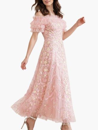 Needle & Thread Ribbon Heart Off-shoulder Ankle Gown in Peony Pink/multi at Nordstrom, Size 10