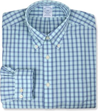 Brooks Brothers Mens Regular Fit Lightweight Cotton Four Stripe Plaid Button Down Shirt,, 218046 Teal / Navy, Large
