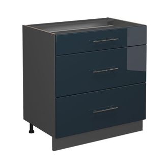 Vicco Mueble Bajo De Cocina Fame-line, Azul Oscuro Alto Brillo, 80 Cm Con 3 Cajones, Et Roble