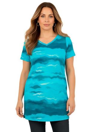 Roaman's Plus Size Ultimate Cotton V-Neck Short Sleeve Tunic in Turquoise Wave Tie Dye at Nordstrom, Size Medium