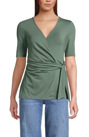 Lands End Elbow Sleeve Lightweight Jersey Side Tie Blouse in Lily Pad Green at Nordstrom, Size X-Large P