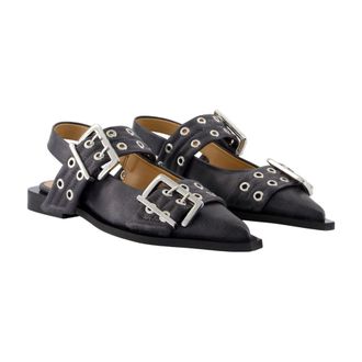 Ganni Buckle-Strapped Leather Flat - Gray