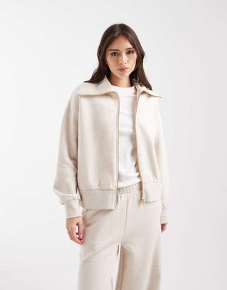 Miss Selfridge Felpa premium color avena con colletto e zip in coordinato-Multicolore