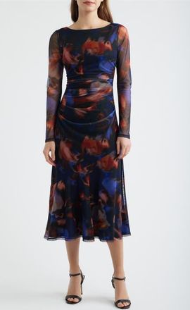 Vince Camuto Printed Long Sleeve Mesh Midi Cocktail Dress in Blue/black/red at Nordstrom, Size 16