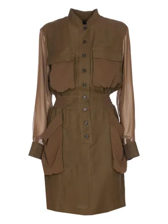Pinko Structured Midi Dress with High Collar and Sheer Sleeves