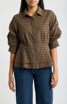Wit & Wisdom Plaid Ruched Sleeve Peplum Shirt in Cold Brew Multi at Nordstrom, Size X-Large
