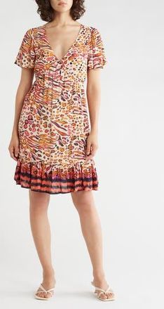 Lovestitch Short Sleeve Babydoll Minidress in Natural/Fuchsia at Nordstrom Rack, Size X-Small