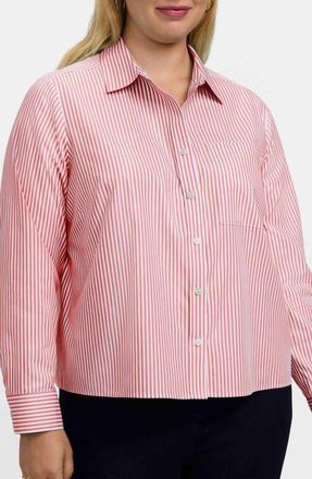 Foxcroft Jodie Stripe Cotton Button-Up Blouse in Coral Reef Red/White at Nordstrom, Size 1X