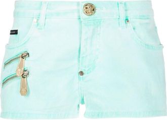 Philipp Plein biker-style denim shorts - women - Cotton/Polyurethane/Cotton/Calf Leather - 26 - Green