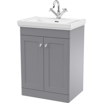 Nuie Nuie Classique Floor Standing 2-Door Vanity Unit with Basin 600mm Wide Satin Grey - 1 Tap Hole