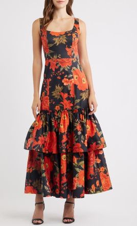 Hutch Avalee Floral Tiered Gown in Black Romantic Spanish Floral at Nordstrom, Size 12