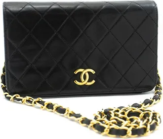 Chanel Vintage Full Flap Quilted Lambskin Black Leather Handbag (Pre-Owned)