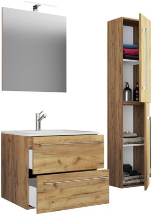 VCM Vcm - 5pcs Lavabo Lavabo Gabinete Inferior Ancho 60 Cm Muebles De Ba&ntilde;o Conjunto Con Cajones Puertas Giratorias Espejo Badinos (roble Miel)