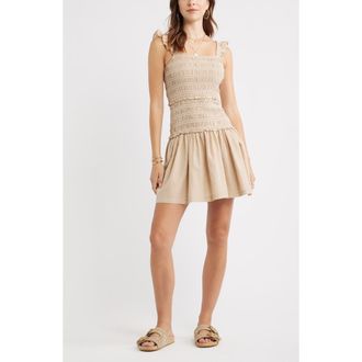 Treasure & Bond Ruffle Smocked Drop Waist Cotton Blend Minidress in Beige Hummus at Nordstrom, Size Xx-Small