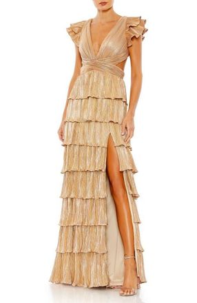 Mac Duggal Ruffle Tiered Criss Cross Lace Up Gown in Gold at Nordstrom, Size 10